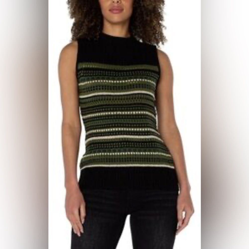 NWT LiverpoolโLos Angeles Sleeveless Mock Neck Lace Stitch Stripe Vest - Size S